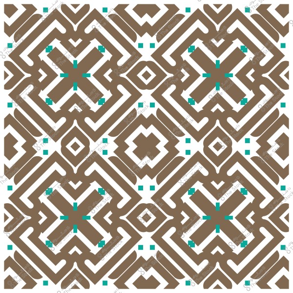 نمط هندسي بني داكن مع تفاصيل زرقاء فاتحة على خلفية بيضاء, يتميز بتكرار الأشكال المربعة والأشكال المتقاطعة.