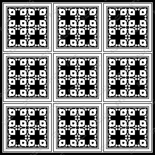 نمط بلاط مزخرف باللونين الأبيض والأسود بتصميم هندسي على خلفية سوداء.