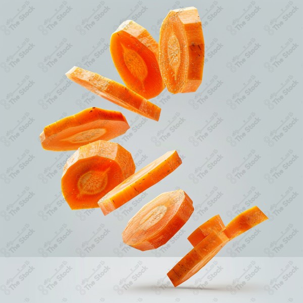 A high-resolution image of several carrot slices cascading down in a row against a clean, white background.