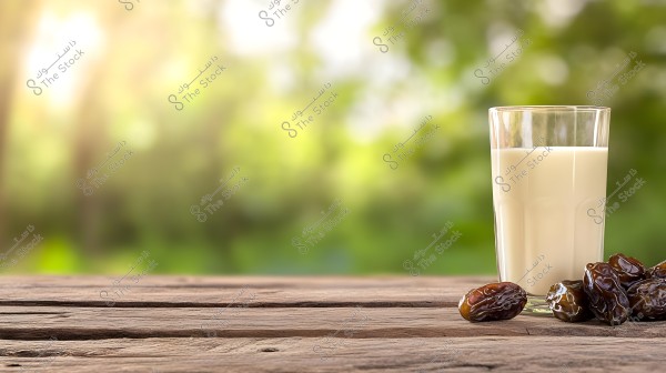 A glass of milk placed on a wooden table with a pile of dates beside it. The background features a blurred natural view, adding a sense of calmness and nature.