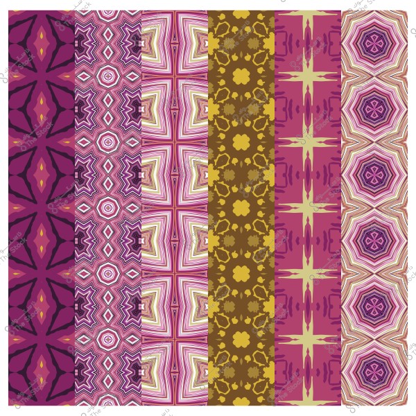 مجموعة من الأنماط الزخرفية الملونة المتماثلة موزعة على ستة أعمدة بألوان وأشكال متنوعة.