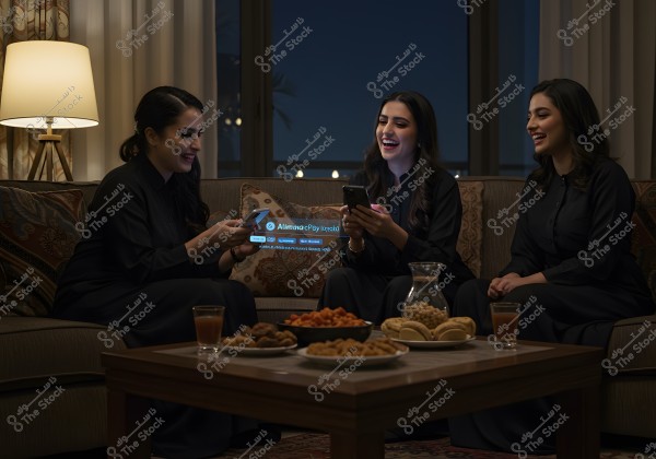 An image of three women sitting on a sofa in a luxurious living room. They are all wearing black abayas, suggesting the photo may be from a country like Saudi Arabia. The women are engaged in a lively conversation and are looking at their smartphones, smiling warmly. In front of them is a table with a variety of snacks and drinks. The atmosphere is cozy, lit by a warm table lamp. In the background, large glass windows offer a view of the night scene.