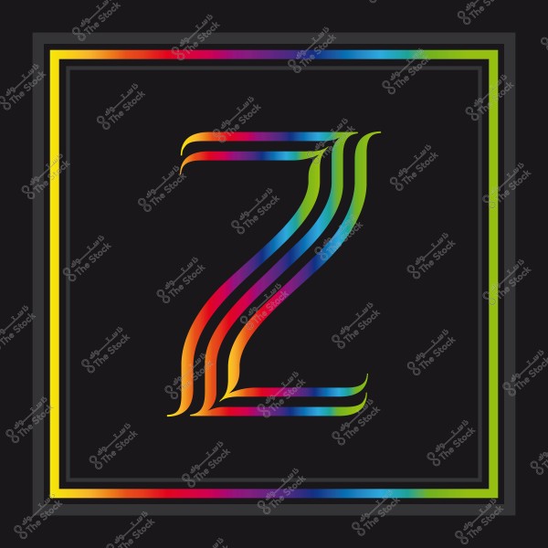 حرف Z ملون بتدرجات قوس قزح داخل إطار مزخرف بخطوط ملونة.
