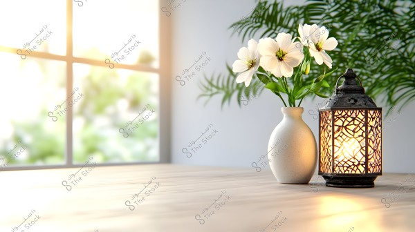 Image of a wooden table with a white vase holding white flowers, next to an ornate lantern emitting warm light. The background features a window with soft sunlight filtering through the glass. The scene conveys a sense of comfort and warmth, surrounded by green plants that add a touch of nature.