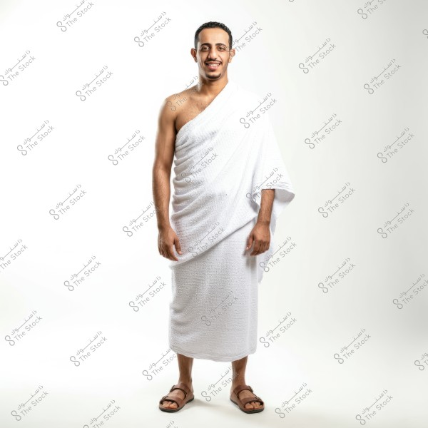 Image of a man wearing Hajj ihram, consisting of two pieces of unstitched white cloth, standing with a slight forward tilt and smiling. The background is plain white.