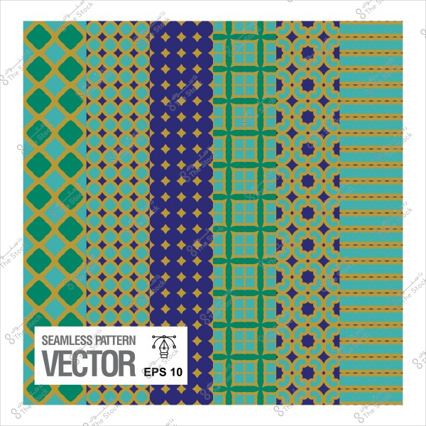 أنماط مستمرة ملونة بأشكال هندسية متنوعة بألوان الأزرق والأخضر والبني والبرتقالي.