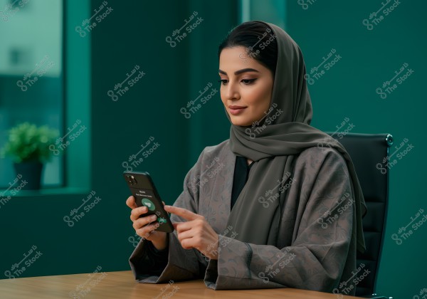 صورة لامرأة تجلس على كرسي في مكتب, ترتدي عباءة سوداء مع وشاح يغطي رأسها. تبدو متفاعلة مع هاتفها المحمول, مع التركيز على الشاشة. خلفها يوجد نافذة كبيرة بها نبات أخضر في الخلفية.