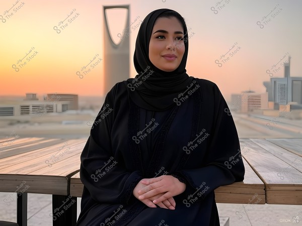 صورة لامرأة ترتدي عباءة سوداء وحجاب, جالسة على مقعد خشبي مع خلفية لبرج المملكة في الرياض, السعودية. يظهر المشهد عند الغروب مما يضفي توهجاً دافئاً على الأفق والمدينة, مع معالم معمارية حديثة في الخلفية.