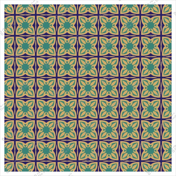 نمط فسيفساء مستوحى من الأشكال الهندسية التقليدية بألوان الأخضر والذهبي والبنفسجي.