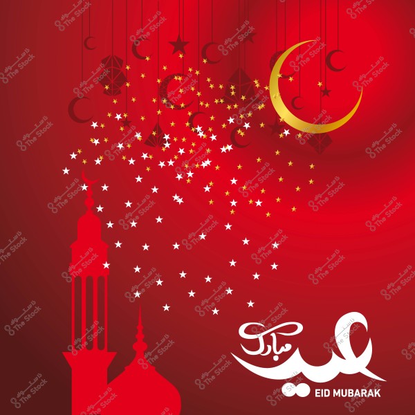 Eid greeting design with a red background, featuring a golden crescent, white and golden stars, a mosque minaret, and the words \"Eid Mubarak\" in white.