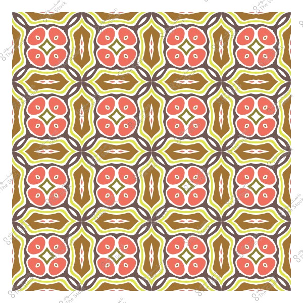 نمط هندسي يتكون من أشكال ملونة برتقالية وزيتونية وتفاصيل متناظرة.