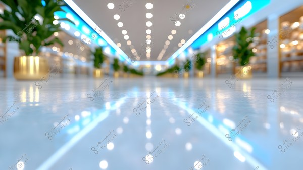 An image showing an indoor hallway reflected on a shiny floor, adorned with green plants in golden pots arranged along the sides. The ceiling is illuminated with round, parallel lights creating an appealing effect.
