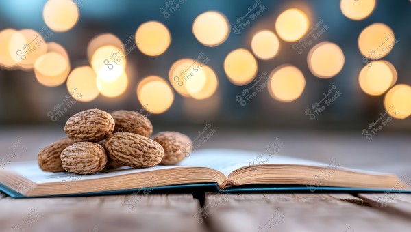 Image showing an open book on a wooden table with a pile of dates on its pages. In the background, there are circular blurred lights creating a beautiful bokeh effect.