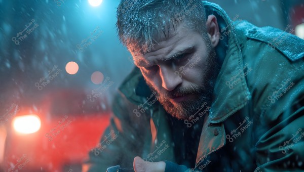 A portrait of a man with focused and serious features, standing in a cold environment with falling snow. He is wearing a heavy olive-colored coat, and his hair and beard are dusted with snow. There is a glowing light in the background, adding a warm touch to the generally cold atmosphere.