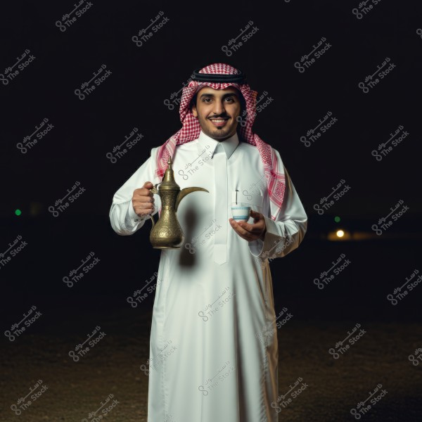 An image of a man wearing a white thobe and a red headscarf with a black agal. The man is smiling and holding a traditional Arabic coffee pot and a small cup in his hands, with a dark background. The attire and items suggest it is an image from Saudi culture.