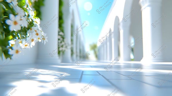 An image of an outdoor corridor adorned with white columns and white flowers with green leaves. The light shines through the clear atmosphere, highlighting the bright whiteness of the floor tiles and architecture. The scene evokes a sense of calmness and tranquility under the blue sky.