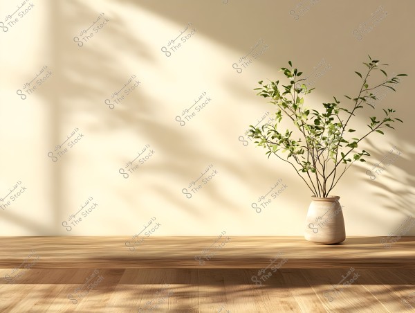An image showing a ceramic vase on a wooden surface, containing slender green branches with small leaves. The shadow of the branches is cast on the light-colored wall behind the vase, reflecting a calm natural lighting in the room.