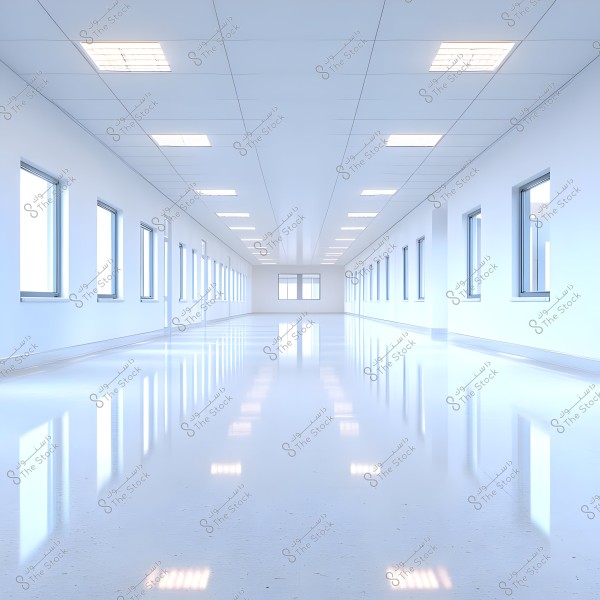 A long, brightly lit corridor with white walls and a ceiling fitted with square recessed lights. Both sides feature regular rectangular windows, and the smooth floor reflects the bright light prominently.