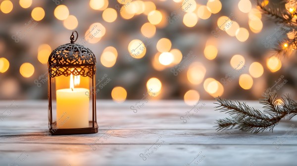 An image of an ornate metal lantern with a lit candle, placed on a wooden surface. In the background, there are warm, blurred lights, and a pine branch in the lower right corner adds a natural touch to the scene.