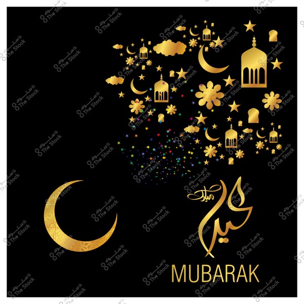 تصميم يحتوي على هلال ذهبي وكلمة "عيد مبارك" بخط عربي, مع زخارف ذهبية من نجوم وقمر وفوانيس على خلفية سوداء.