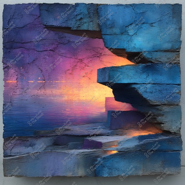 Abstract artwork depicting a natural scene in shades of blue and purple, with color gradients on the rocks, resembling a natural landscape at sunset. The orange-pink light emerging from behind the rocks adds a warm feel to the image.