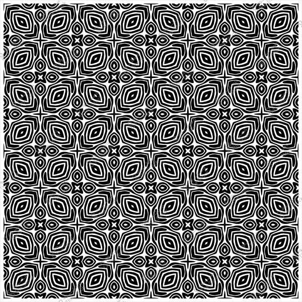 نقش أبيض وأسود بتصميم هندسي متماثل يضم أشكالاً متكررة تشبه العيون والماس.