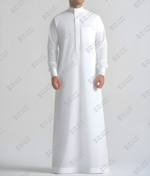 Image of a man wearing a long white thobe with long sleeves and a closed collar. The man is dressed in traditional attire commonly found in Gulf countries like Saudi Arabia.