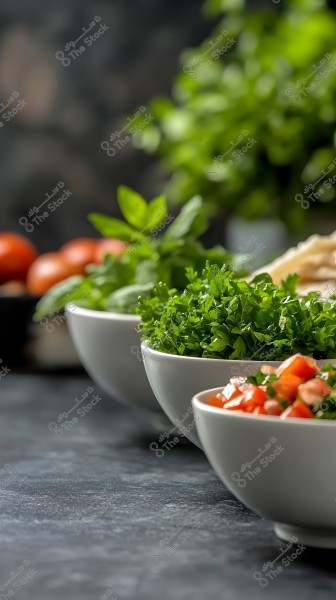 The image shows three white bowls on a dark surface. The closest bowl contains diced tomatoes mixed with chopped greens. The middle bowl is filled with green leafy vegetables like parsley. The farthest bowl contains fresh basil leaves. In the background, there are blurred tomatoes along with other vegetables.