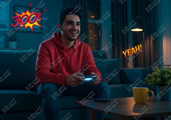 Image of a man sitting on a sofa in a warmly lit living room. The young man is wearing a red hoodie and jeans, holding a PlayStation controller with attention. He appears happy and focused. On the nearby table, there is a yellow mug and decorative plants. The image also features cartoon graphics of the words \"300!\" and \"YEAH!\", adding a sense of victory or success in gaming.