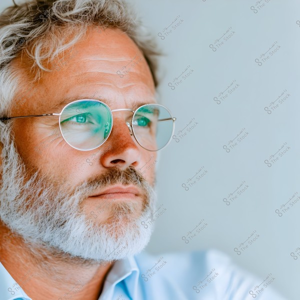 A portrait of a man with white beard and hair, wearing round glasses and gazing thoughtfully with a calm expression. He is dressed in a light blue shirt, with a soft-colored, blurred background.