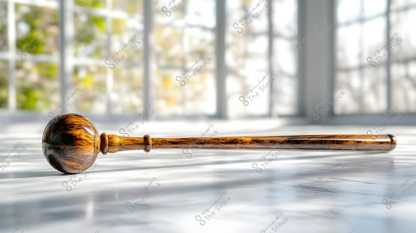 Image of a wooden gavel placed on a glossy marble surface, with natural light streaming through large windows in the background. The wooden grain has visible details and veins, and the background outside the windows shows nature with hints of green and yellow.