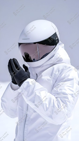 Image of a person wearing a white astronaut-like suit with black gloves and a helmet with a reflective visor. The person stands with their hands clasped in front of their chest. The background is white, giving an impression of a cold or futuristic setting.