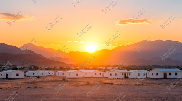 A sunset view over mountains, with the sky displaying vibrant shades of orange and yellow. In the foreground, several white houses are situated on a rocky terrain, surrounded by desert landscape.