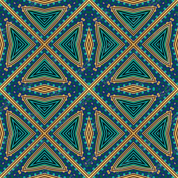 نمط زخرفي هندسي يتكون من مثلثات متداخلة وأشكال ماسية بزخارف خطوط متعرجة بألوان الأزرق والذهبي على خلفية داكنة مع نقاط ملونة.