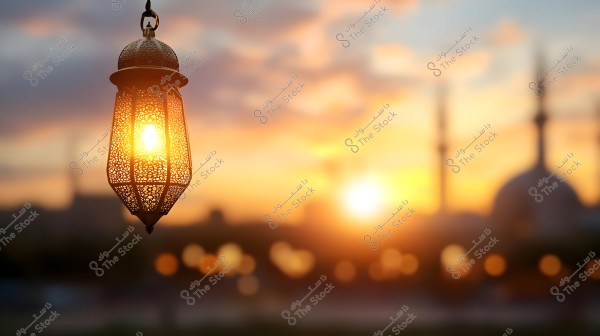 A traditional Arabic lantern lit with a warm glow hangs in the foreground, with a blurred sunset view in the background and soft silhouettes of a traditional mosque with domes and minarets.