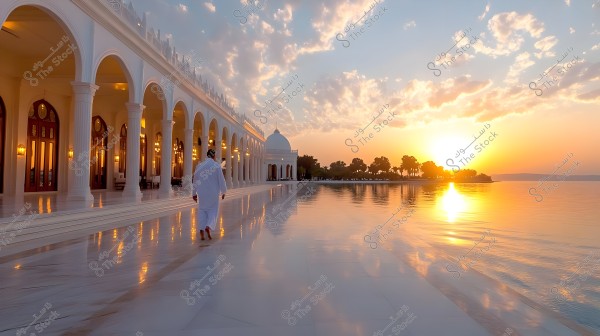 The image shows a building with white columns and arches along the side of a lake or river at sunset. A person wearing a white thobe is walking on a marble walkway reflecting the sun\'s glow and golden hues in the sky. Trees and land are visible on the opposite side of the water.