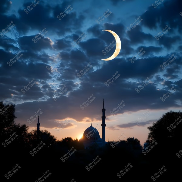 An image of a landscape showing a mosque with its domes and minarets silhouetted against the horizon at dusk, with a prominent crescent moon in the sky. Clouds cover a large part of the sky, adding a dramatic atmosphere to the scene.