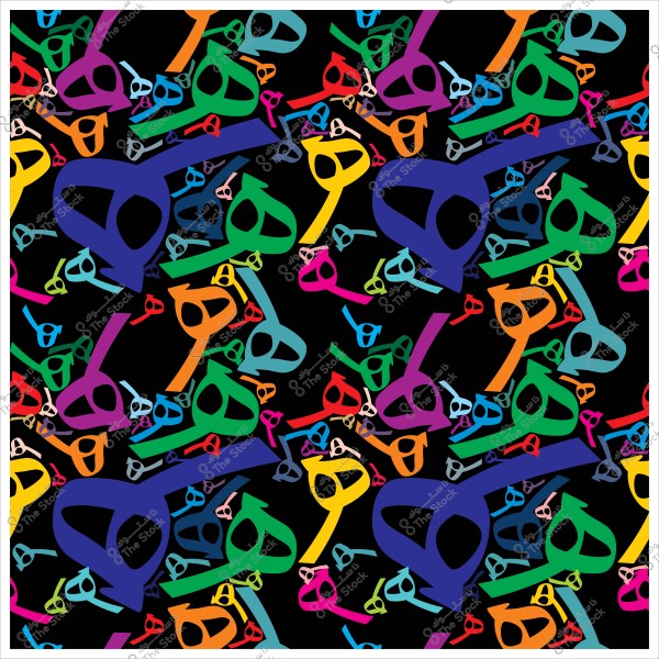 A black background with various colorful shapes resembling slingshots or masks, distributed in a repetitive and random manner.
