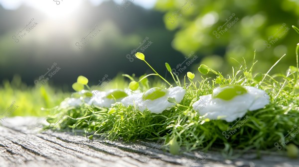 Image of sunny-side-up eggs laid on green grass with bright sunlight adding a touch of warmth and clarity. The blurred natural background enhances the beauty and charm of the scene.