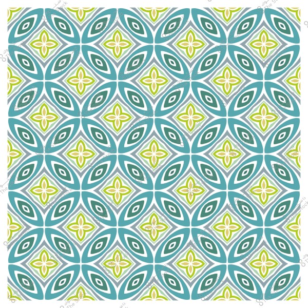 نمط زخرفي مكون من أشكال هندسية وألوان زرقاء وخضراء وبيضاء مع تصميم متماثل.