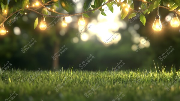 A scene of green grass illuminated by small decorative string lights in the shape of bulbs, hanging among tree leaves. The image conveys a peaceful ambiance at dusk with soft sunlight in the background.