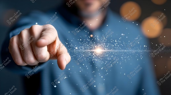 An image showing a person\'s hand pointing forward towards the viewer, with a visual effect where sparkling light particles seem to emanate from the fingertip. The background is blurry, featuring warm-colored light circles. The person is wearing a dark blue shirt.