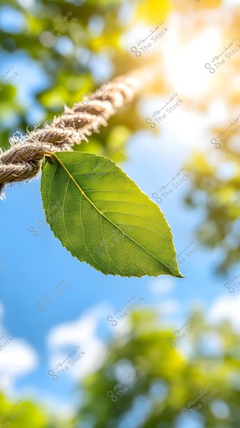 ورقة شجر خضراء مدببة معلقة على حبل خشن, تضيء من الخلف بأشعة الشمس الذهبية. السماء زرقاء واضحة في الخلفية مع بعض السحب البيضاء وتظهر خلفها بعض الأوراق والأغصان الضبابية باللون الأخضر.