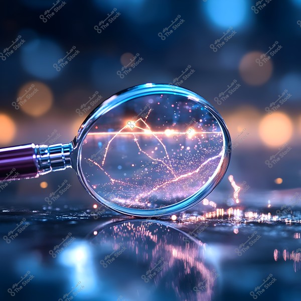A magnifying glass placed on a shiny surface with luminous effects reflecting inside it. In the background, cool blurred lights are visible in blue and orange hues with light reflections and sparkling points within the lens.