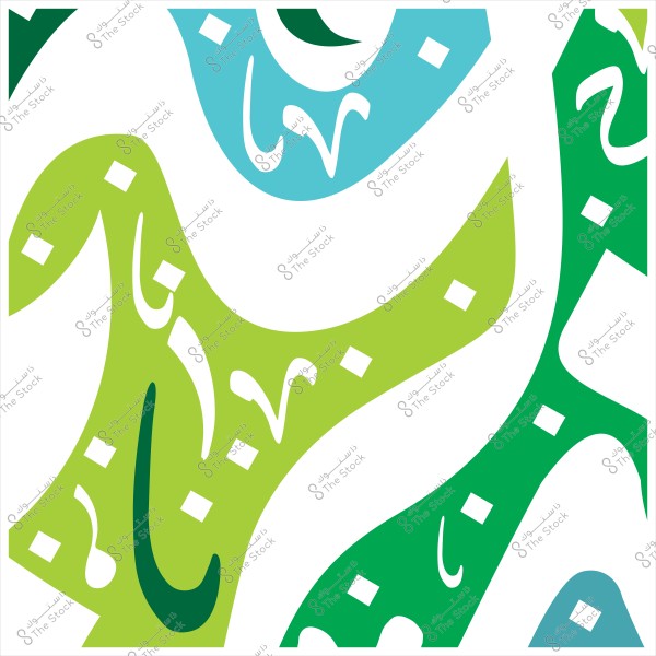 تصميم فن تجريدي بألوان خضراء وزرقاء وتدرجات لونية مختلفة. تشمل الصورة أشكالًا منحنية ومجردة مع عناصر هندسية ونقاط بيضاء.

-