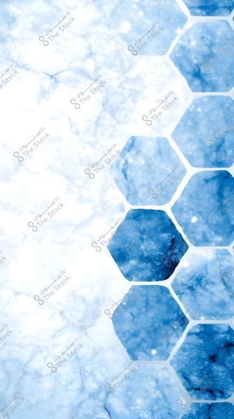 An image with a blue and white background featuring a blue hexagonal pattern on the right side. The hexagonal pattern appears to be made of icy or crystalline texture, while the background is clouded and diffuse.