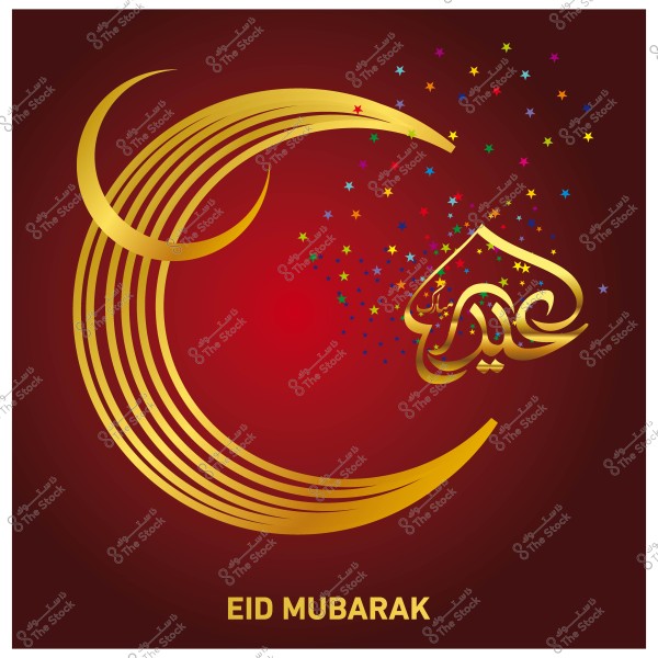 A golden crescent with star decorations and Arabic text saying \"Eid Mubarak\" on a red background.