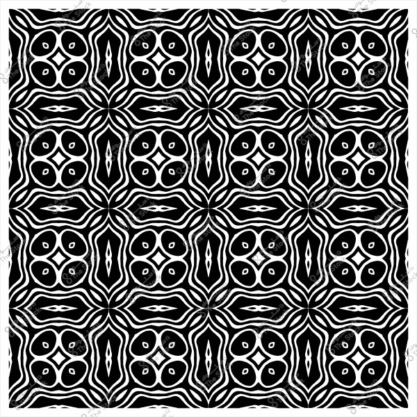 Symmetrical black and white decorative pattern with repeating geometric shapes.