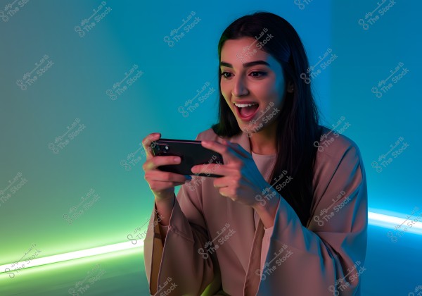 A woman smiling excitedly while playing on a smartphone. She is wearing a loose, dark beige garment, and the background is illuminated with vibrant blue and green colors.