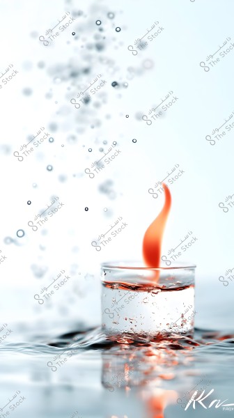 An image of a glass cup placed in water with an orange flame rising from the top. The cup is filled with a liquid that appears to be water, with water bubbles visible throughout the background. The image features lighting effects and reflections on the water surface.